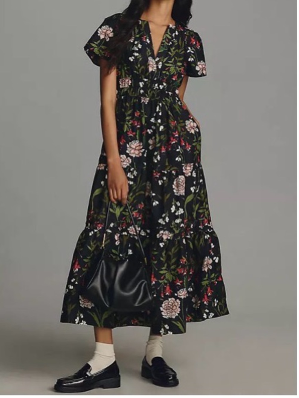 Anthropologie Somerset Black Floral Tiered Maxi Dress with Smock waist Motif - M